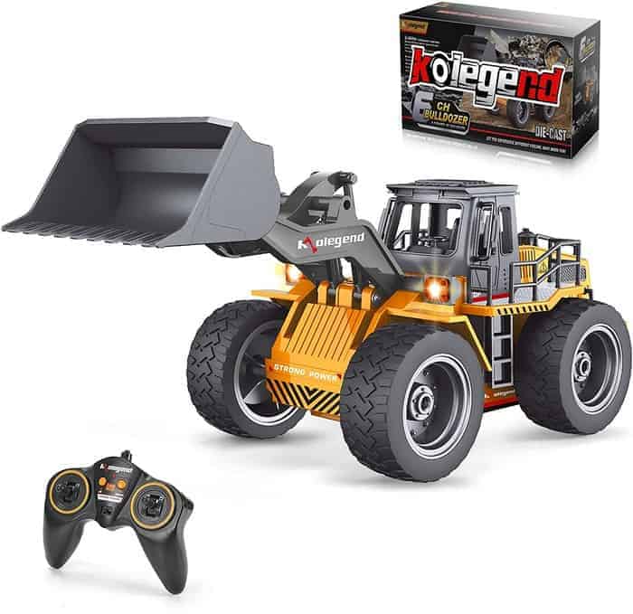 kolegend Remote Control Bulldozer Toy Truck, 118 Scale RC Metal Rc Front Loader 4WD Construction Vehicles for Boys Girls Kids with Rechargeable Battery